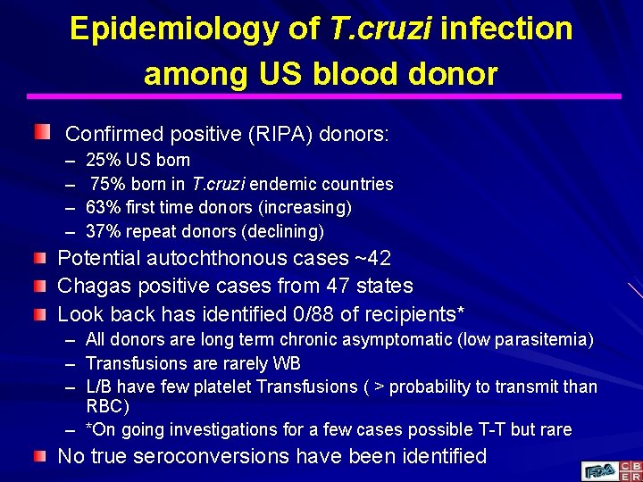 Epidemiology of T. cruzi infection among US blood donor Confirmed positive (RIPA) donors: –
