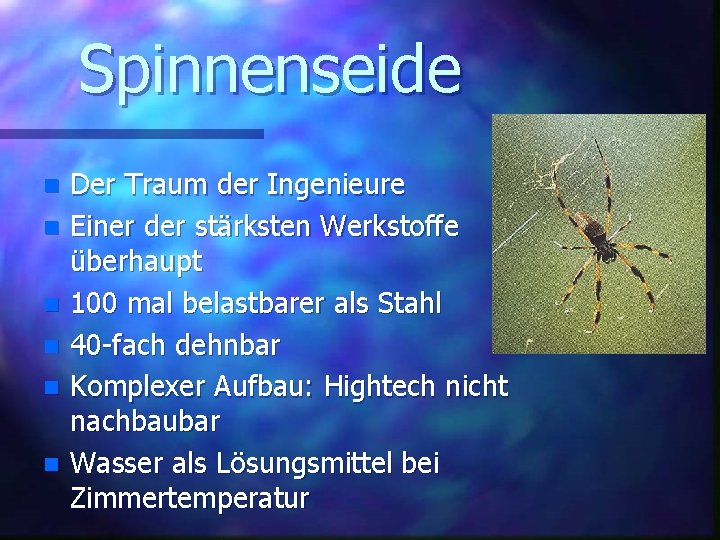 Spinnenseide n n n Der Traum der Ingenieure Einer der stärksten Werkstoffe überhaupt 100