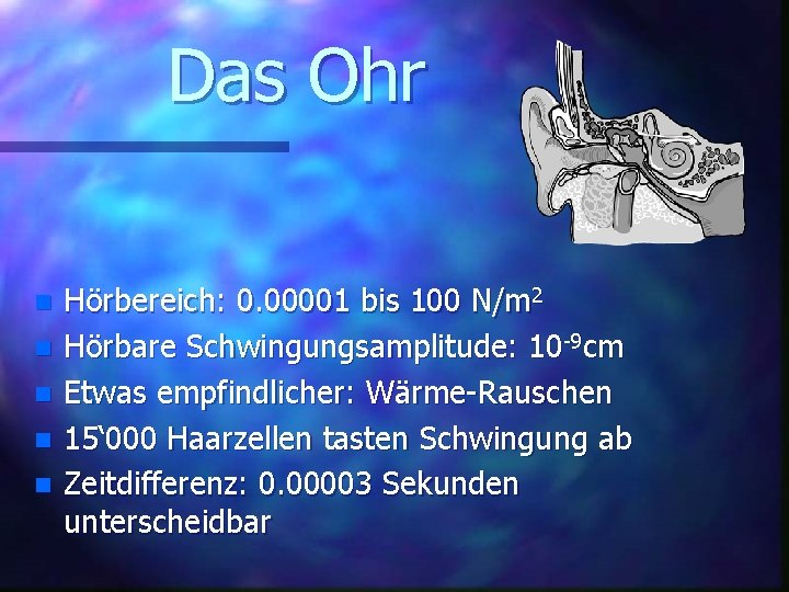 Das Ohr n n n Hörbereich: 0. 00001 bis 100 N/m 2 Hörbare Schwingungsamplitude: