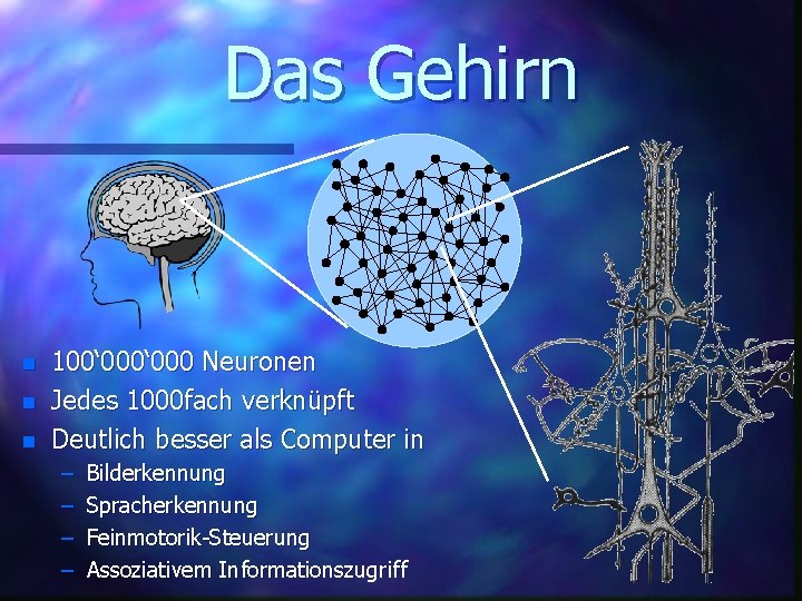 Das Gehirn n 100‘ 000 Neuronen Jedes 1000 fach verknüpft Deutlich besser als Computer