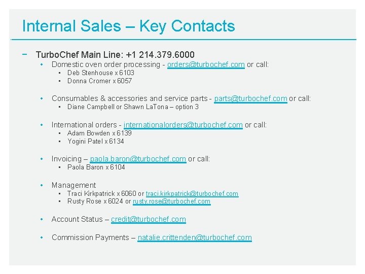 Internal Sales – Key Contacts − Turbo. Chef Main Line: +1 214. 379. 6000