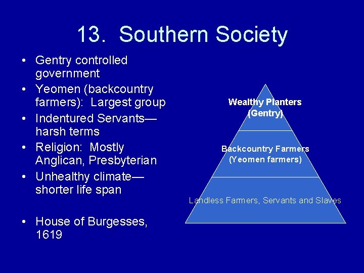 13. Southern Society • Gentry controlled government • Yeomen (backcountry farmers): Largest group •