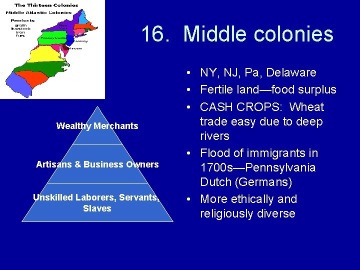 16. Middle colonies Wealthy Merchants Artisans & Business Owners Unskilled Laborers, Servants, Slaves •