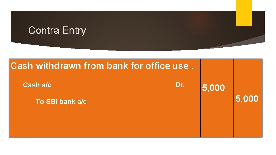 Contra Entry Cash withdrawn from bank for office use. Cash a/c Dr. To SBI