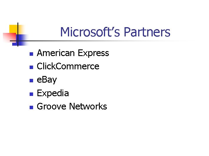 Microsoft’s Partners n n n American Express Click. Commerce e. Bay Expedia Groove Networks