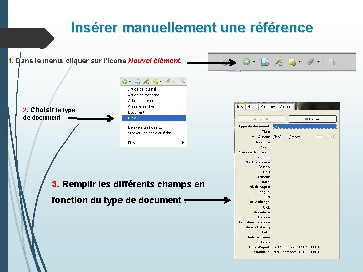 Insérer manuellement une référence 1. Dans le menu, cliquer sur l’icône Nouvel élément. 2.