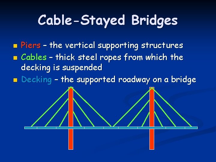 Cable-Stayed Bridges n n n Piers – the vertical supporting structures Cables – thick