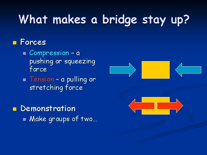 What makes a bridge stay up? n Forces n n n Compression – a