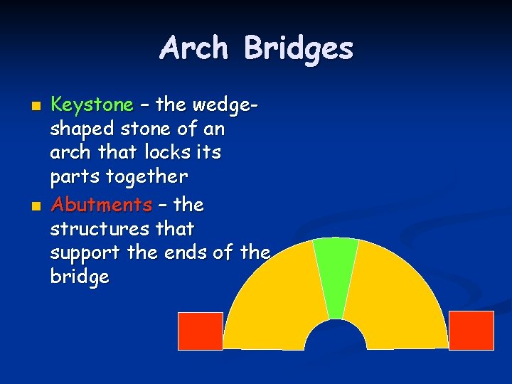 Arch Bridges n n Keystone – the wedgeshaped stone of an arch that locks