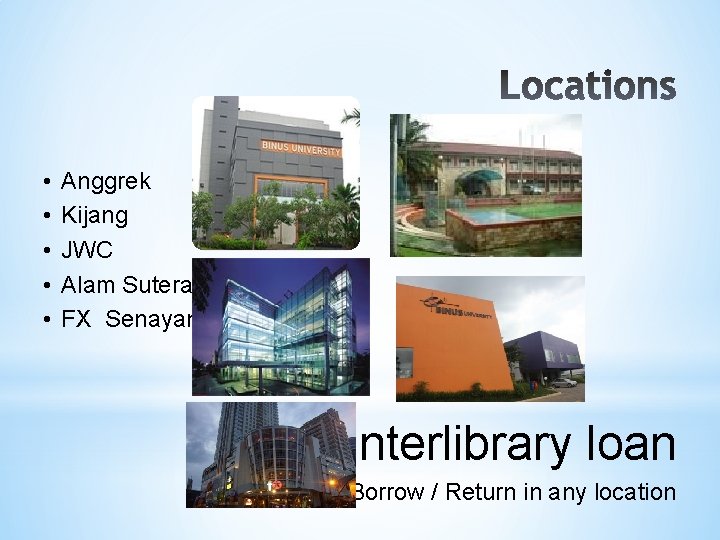  • • • Anggrek Kijang JWC Alam Sutera FX Senayan Interlibrary loan Borrow