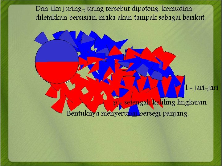 Dan jika juring-juring tersebut dipotong, kemudian diletakkan bersisian, maka akan tampak sebagai berikut: l