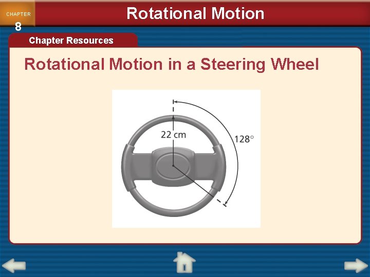 CHAPTER 8 Rotational Motion Chapter Resources Rotational Motion in a Steering Wheel 