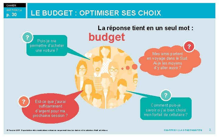 CAHIER SECTION 1. 4 LE BUDGET : OPTIMISER SES CHOIX p. 30 La réponse