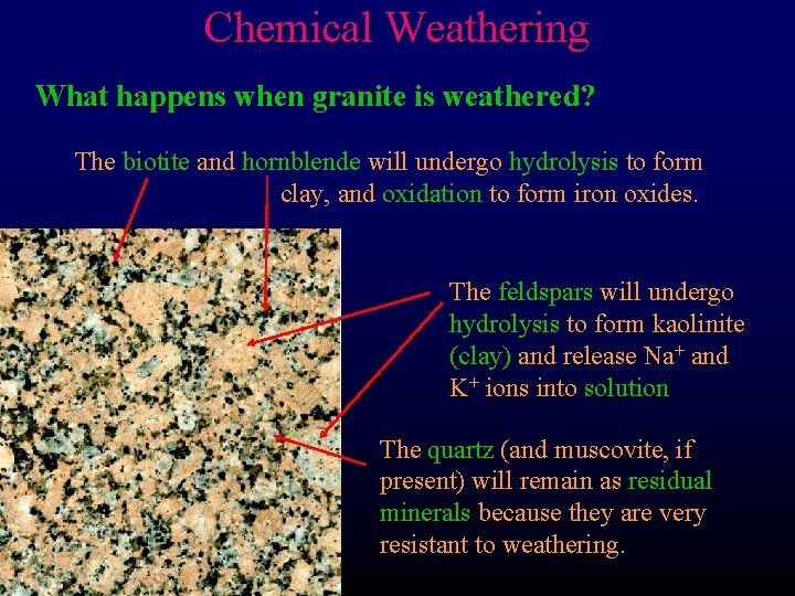 Chemical Weathering What happens when granite is weathered? The biotite and hornblende will undergo