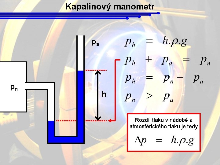 Kapalinový manometr pa pn h Rozdíl tlaku v nádobě a atmosférického tlaku je tedy