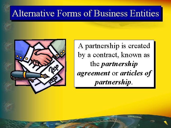 Alternative Forms of Business Entities A partnership is created by a contract, known as