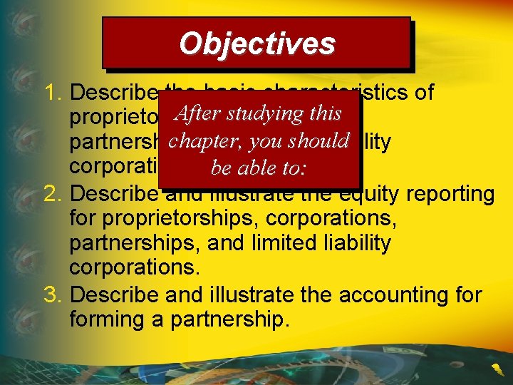 Objectives 1. Describe the basic characteristics of After studying this proprietorships, corporations, chapter, should