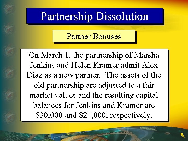 Partnership Dissolution Partner Bonuses On March 1, the partnership of Marsha Jenkins and Helen