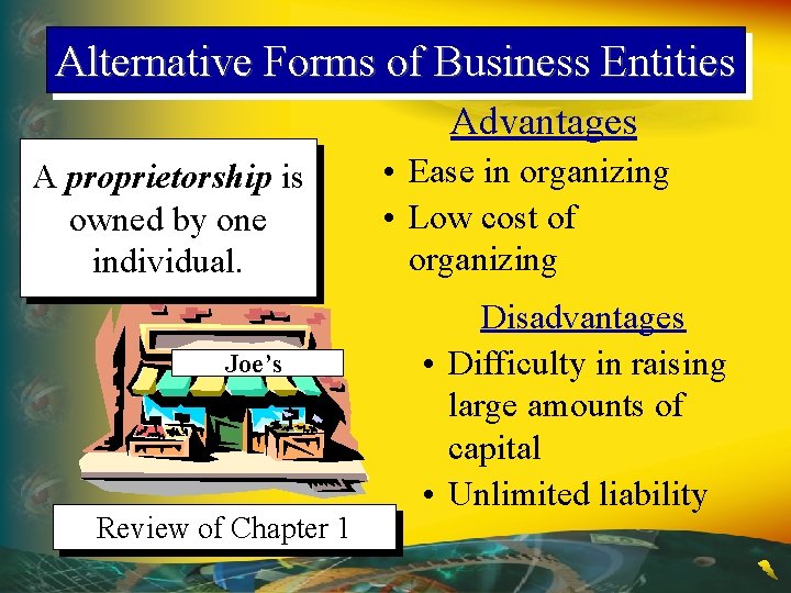 Alternative Forms of Business Entities Advantages A proprietorship is owned by one individual. Joe’s