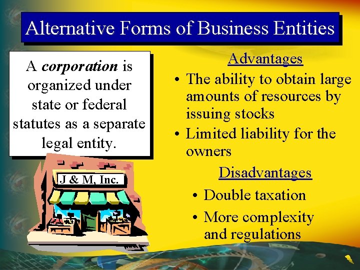 Alternative Forms of Business Entities A corporation is organized under state or federal statutes