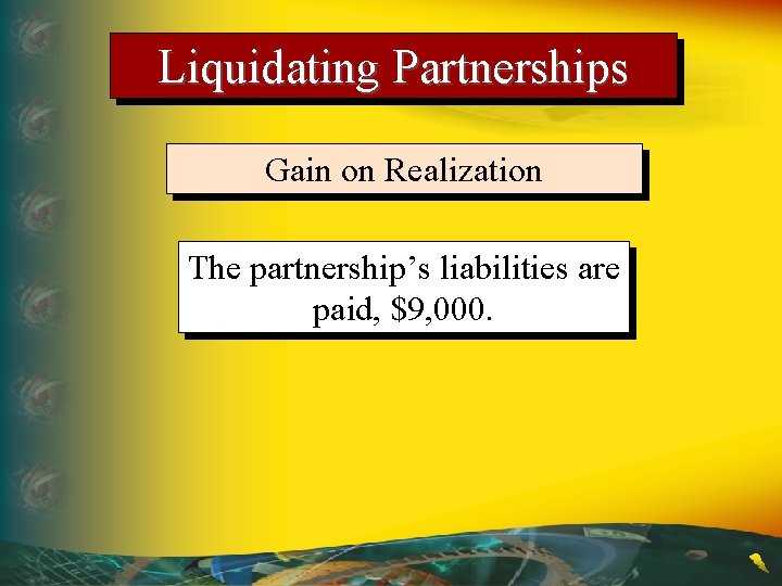 Liquidating Partnerships Gain on Realization The partnership’s liabilities are paid, $9, 000. 