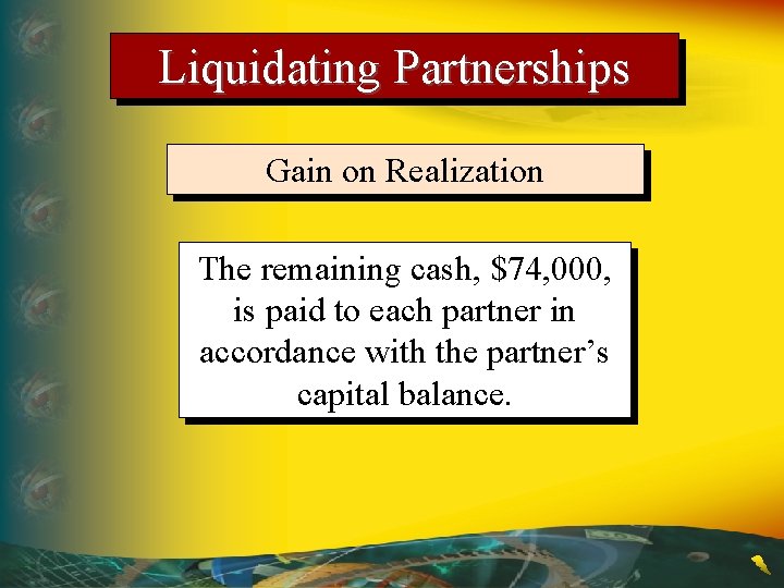 Liquidating Partnerships Gain on Realization The remaining cash, $74, 000, is paid to each