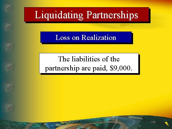 Liquidating Partnerships Loss on Realization The liabilities of the partnership are paid, $9, 000.