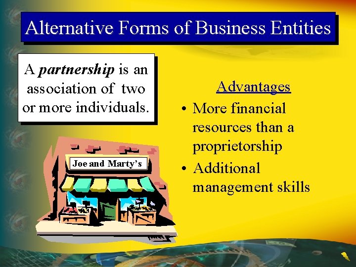 Alternative Forms of Business Entities A partnership is an association of two or more