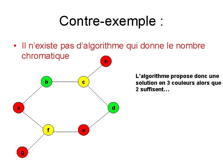 Contre-exemple : • Il n’existe pas d’algorithme qui donne le nombre chromatique h b