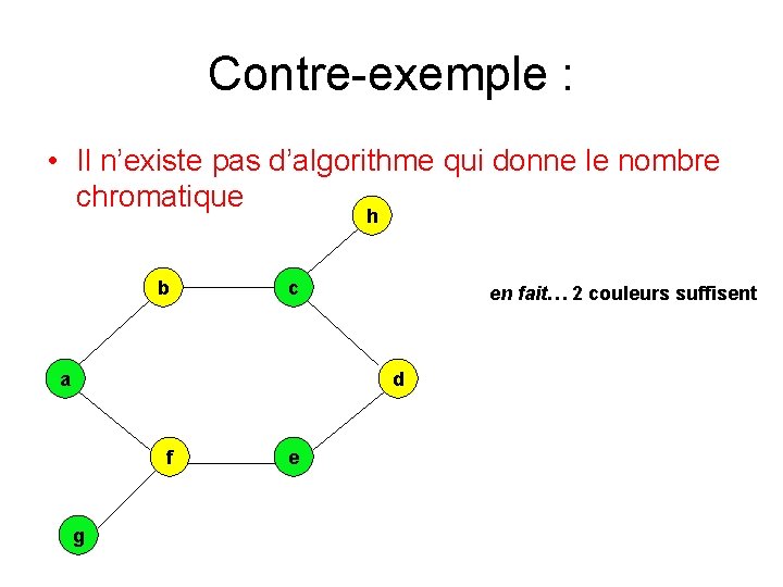 Contre-exemple : • Il n’existe pas d’algorithme qui donne le nombre chromatique h b