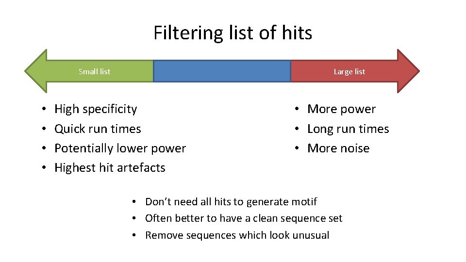 Filtering list of hits Small list • • Large list High specificity Quick run