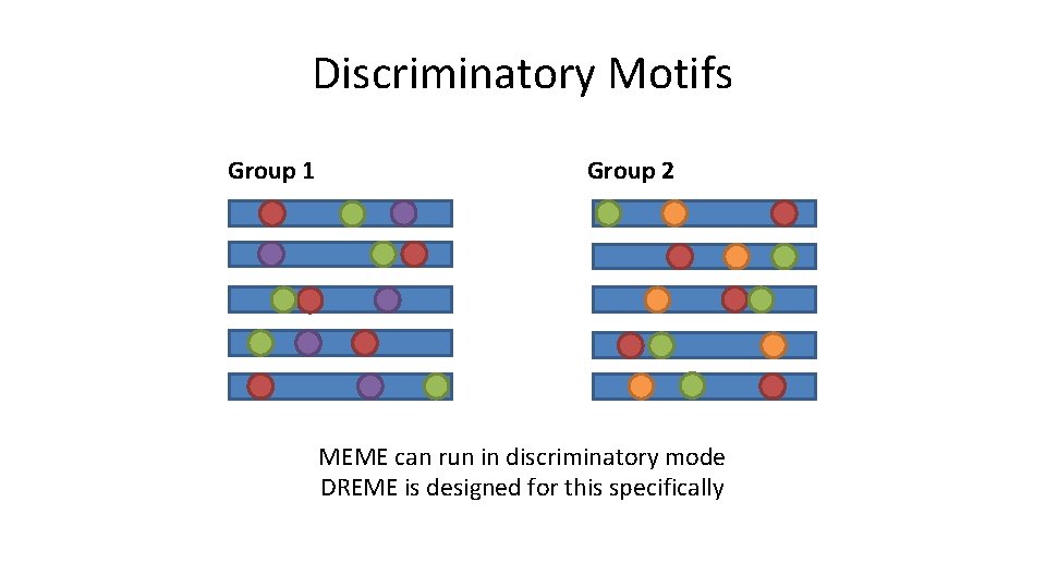 Discriminatory Motifs Group 1 Group 2 MEME can run in discriminatory mode DREME is