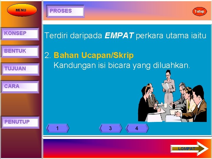 MENU PROSES Tutup KONSEP Terdiri daripada EMPAT perkara utama iaitu BENTUK 2. Bahan Ucapan/Skrip