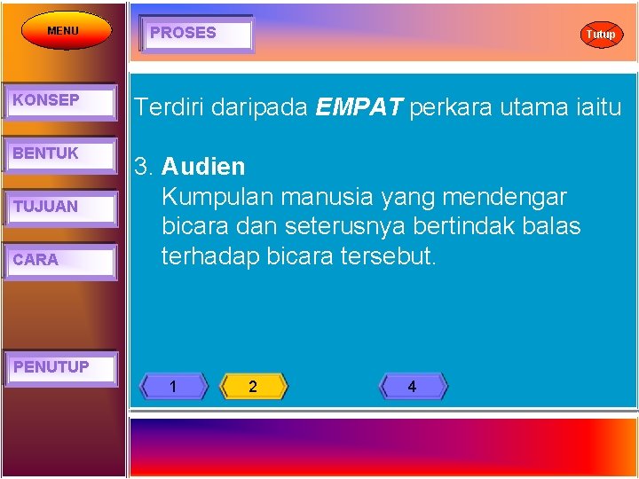 MENU PROSES Tutup KONSEP Terdiri daripada EMPAT perkara utama iaitu BENTUK 3. Audien Kumpulan