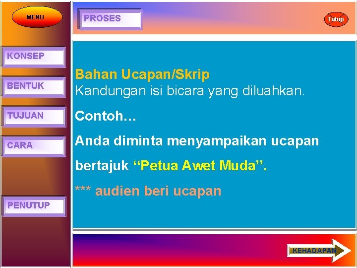 MENU PROSES Tutup KONSEP BENTUK Bahan Ucapan/Skrip Kandungan isi bicara yang diluahkan. TUJUAN Contoh…