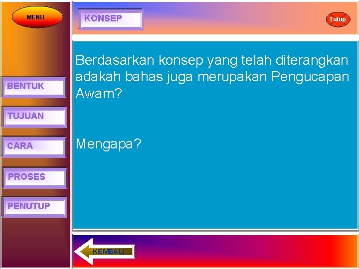 MENU BENTUK KONSEP Berdasarkan konsep yang telah diterangkan adakah bahas juga merupakan Pengucapan Awam?