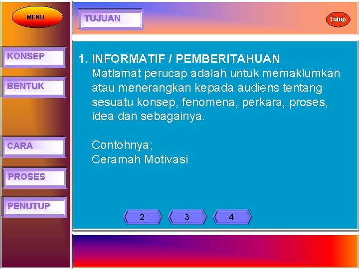 MENU KONSEP BENTUK CARA TUJUAN Tutup 1. INFORMATIF / PEMBERITAHUAN Matlamat perucap adalah untuk