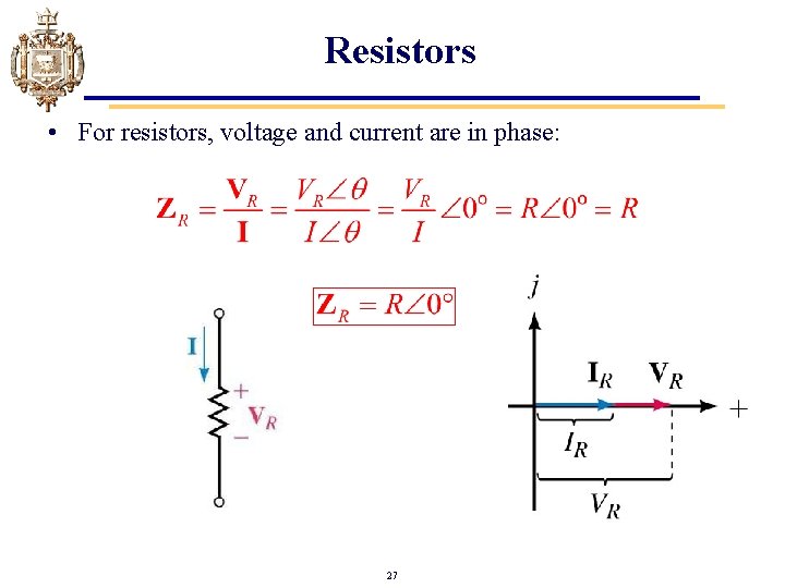 Resistors • For resistors, voltage and current are in phase: 27 