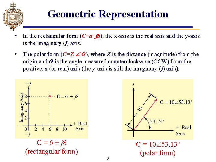 Geometric Representation • In the rectangular form (C=a+jb), the x-axis is the real axis