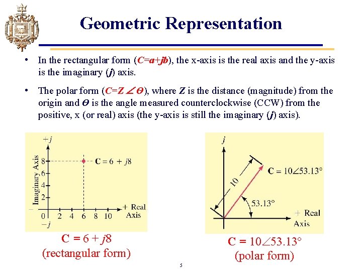 Geometric Representation • In the rectangular form (C=a+jb), the x-axis is the real axis Geometric Representation • In the rectangular form (C=a+jb), the x-axis is the real axis