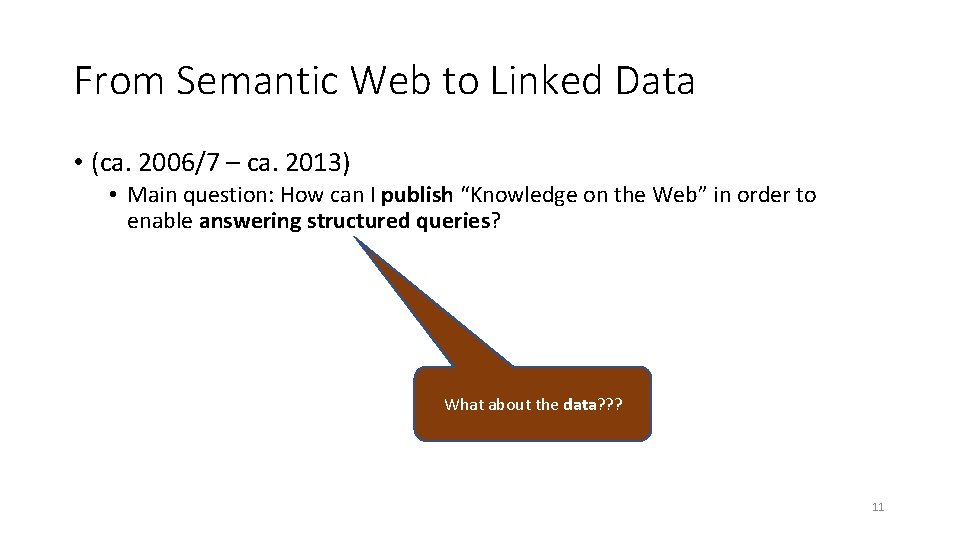 From Semantic Web to Linked Data • (ca. 2006/7 – ca. 2013) • Main From Semantic Web to Linked Data • (ca. 2006/7 – ca. 2013) • Main