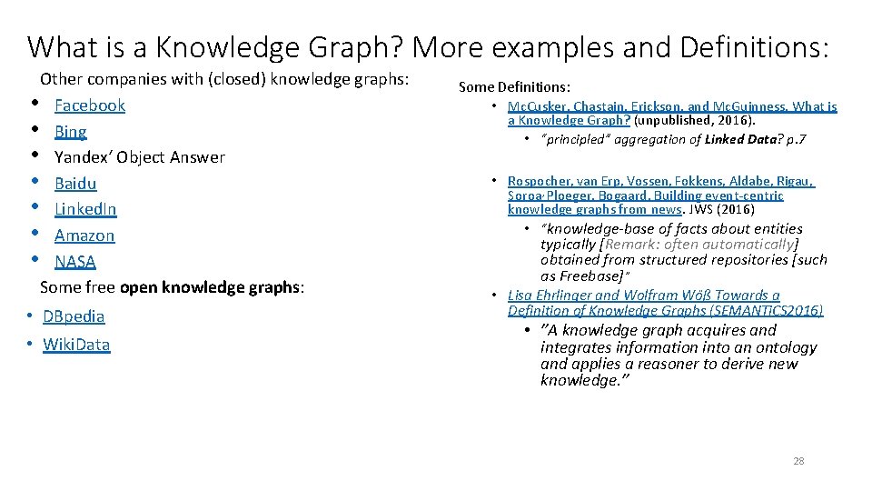 What is a Knowledge Graph? More examples and Definitions: Other companies with (closed) knowledge What is a Knowledge Graph? More examples and Definitions: Other companies with (closed) knowledge
