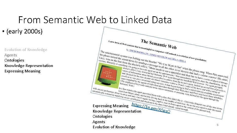 From Semantic Web to Linked Data • (early 2000 s) Evolution of Knowledge Agents From Semantic Web to Linked Data • (early 2000 s) Evolution of Knowledge Agents