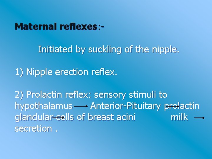 Maternal reflexes: Initiated by suckling of the nipple. 1) Nipple erection reflex. 2) Prolactin