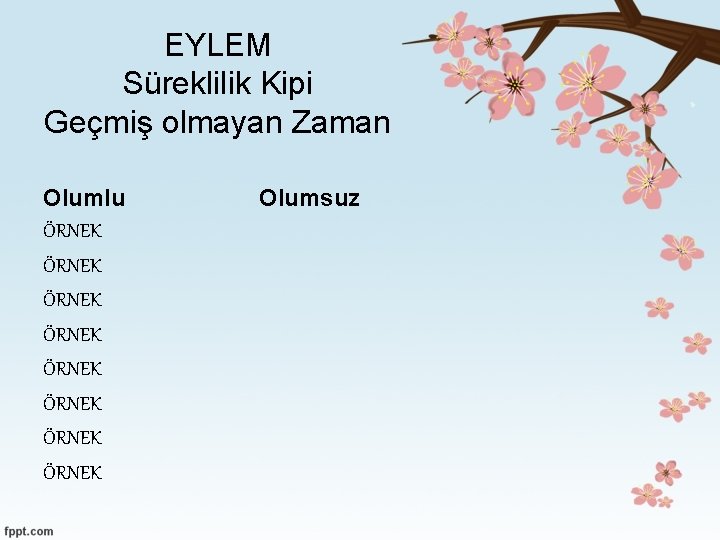 EYLEM Süreklilik Kipi Geçmiş olmayan Zaman Olumlu ÖRNEK ÖRNEK Olumsuz 