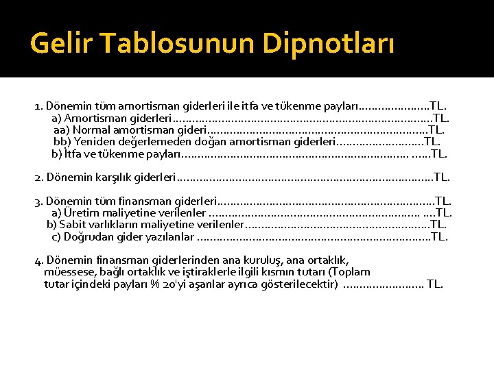 Gelir Tablosunun Dipnotları 1. Dönemin tüm amortisman giderleri ile itfa ve tükenme payları. .