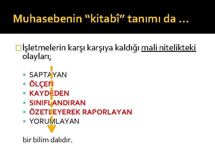Muhasebenin “kitabî” tanımı da … �İşletmelerin karşıya kaldığı mali nitelikteki olayları; SAPTAYAN ÖLÇEN KAYDEDEN