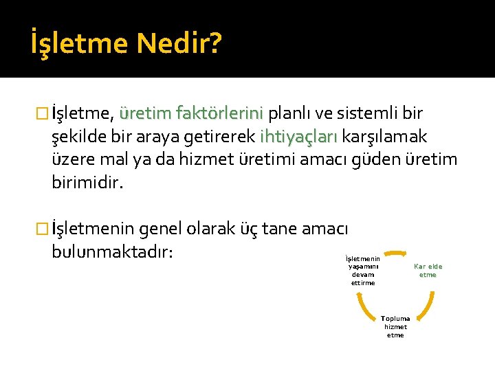 İşletme Nedir? � İşletme, üretim faktörlerini planlı ve sistemli bir üretim faktörlerini şekilde bir