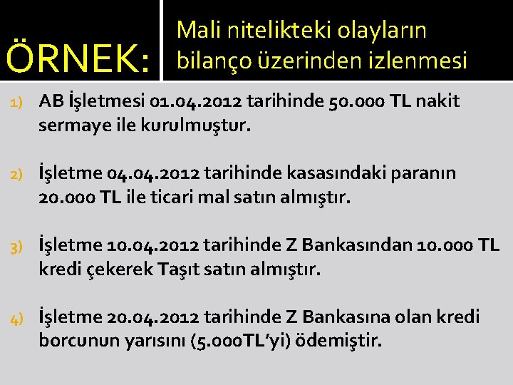 ÖRNEK: Mali nitelikteki olayların bilanço üzerinden izlenmesi 1) AB İşletmesi 01. 04. 2012 tarihinde