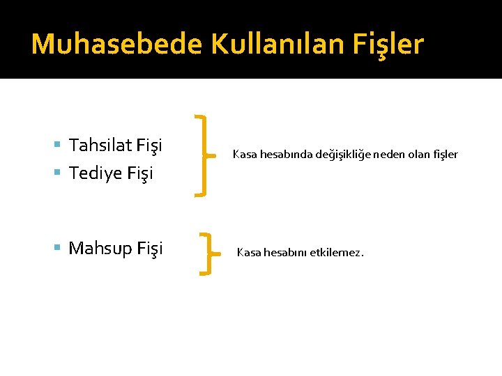 Muhasebede Kullanılan Fişler Tahsilat Fişi Tediye Fişi Mahsup Fişi Kasa hesabında değişikliğe neden olan